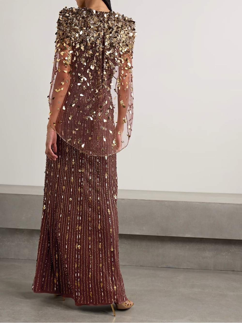 Jenny Packham Nettie cape-effect embellished sequined tulle gown in Bronze - Picture 2 of 5